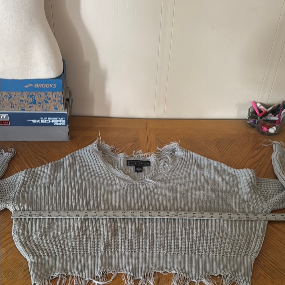 Polly & Esther Gray V-Neck Sweater with Distressed Hem - Picture 8 of 9